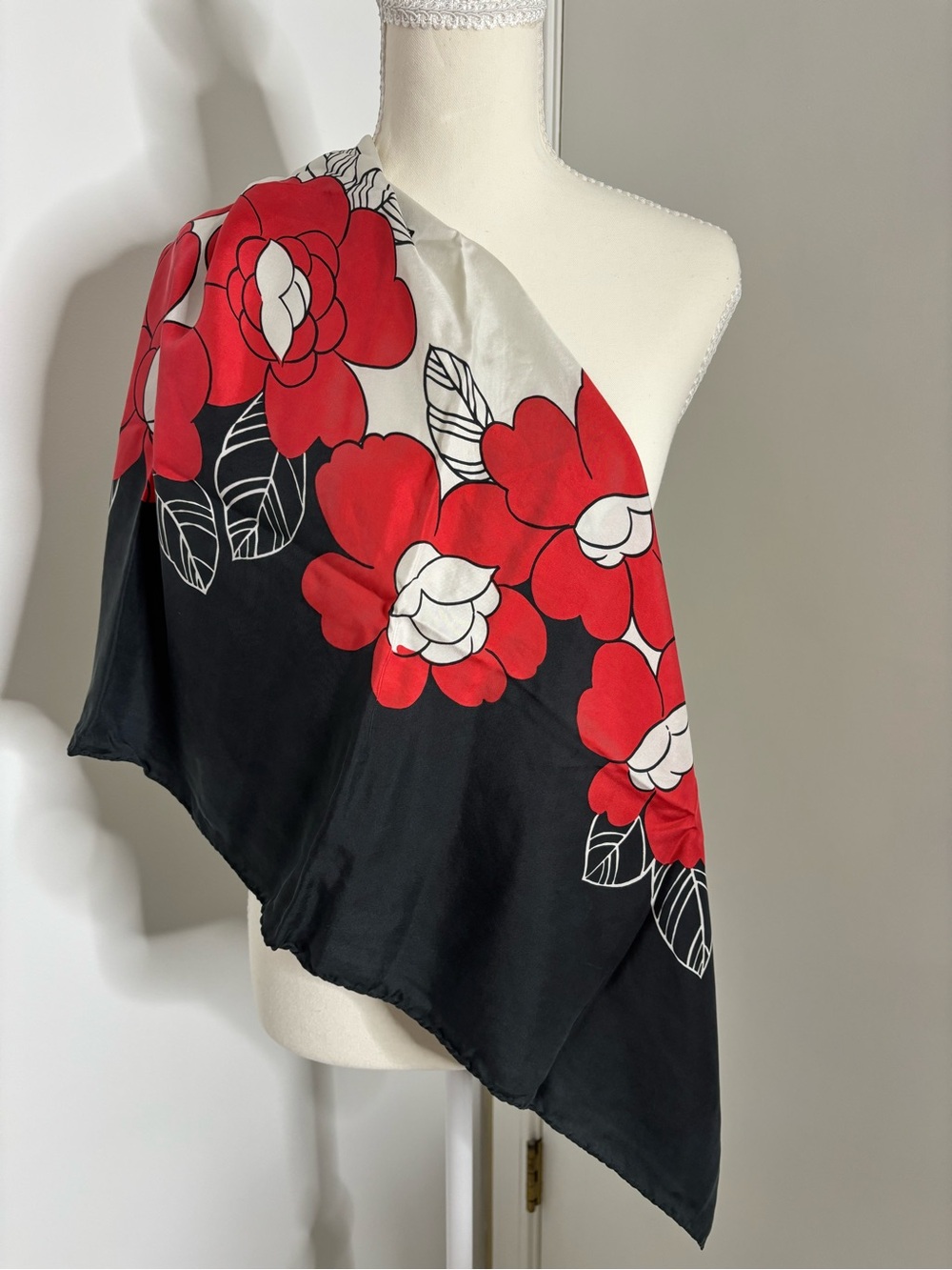 Vintage 1960s Style Camellia Silk Scarf Red, Black & White Mod Floral 34” square